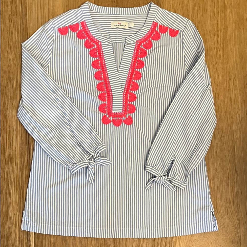 Vineyard Vines Blue & White Striped Tunic with Neon Pink Embroidery